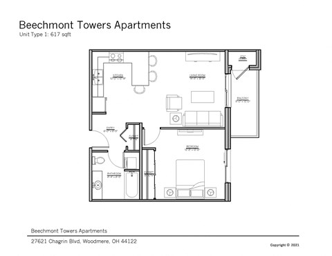 Floor plan for 1 bed, 1 bath, 617 sqft